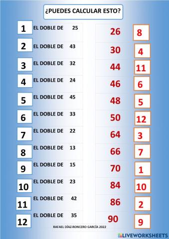 Cálculo mental. El doble de....