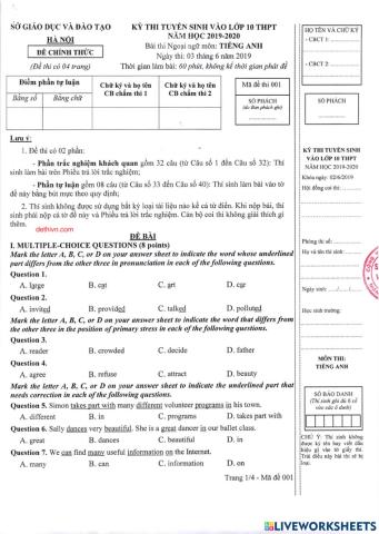 Đề thi vào 10 2019-2020