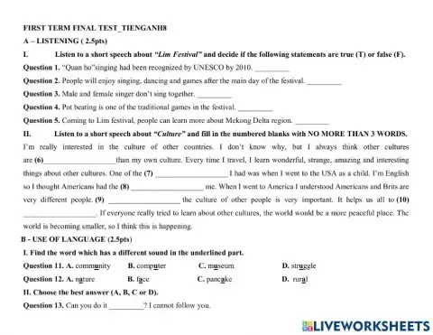 First Term Final Test - Grade 8