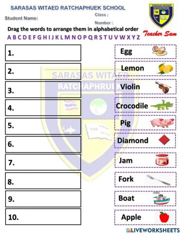 Drag the words to arrange them in alphabetical order