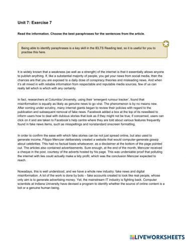 Mindset 3 - Reading Skills Modules - Unit 7 Ex7