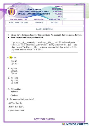 Grade 3-URT 2 Practice Sheet
