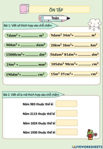Ôn tập đổi đơn vị đo diện tích, thế kỉ