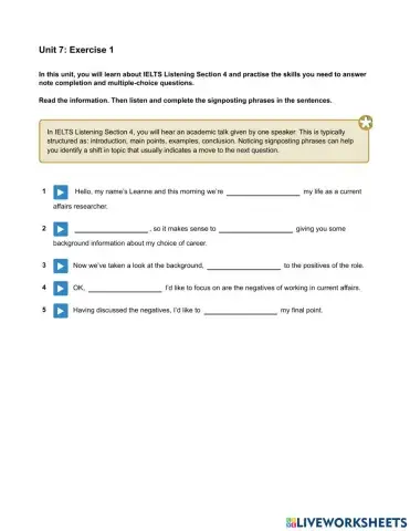 Mindset 3 - Listening Skills Modules - Unit 7 Ex1
