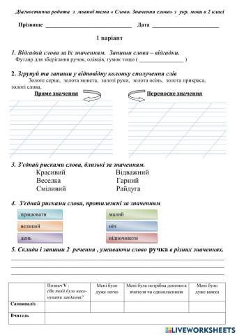 Діагностувальна робота 2 клас українська мова. Тема: -Слово. Значення слова-