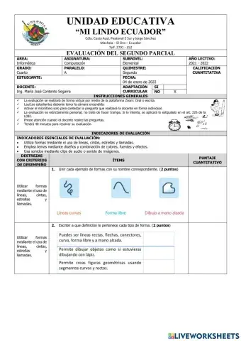 Evaluación de Computación Cuarto Grado del Segundo Parcial del Segundo Quimestre