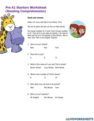 Pre A1 Starters Worksheet Reading Comprehension