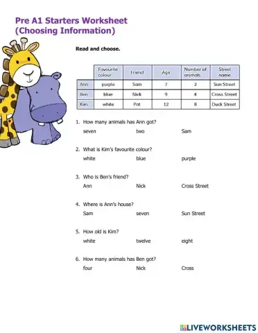 Pre A1 Starters Worksheet Choosing Information