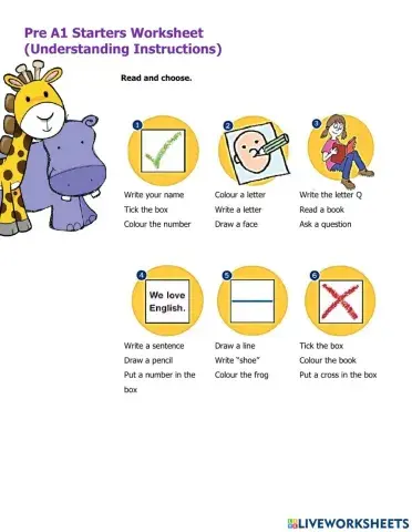 Pre A1 Starters Worksheet Understanding Instructions
