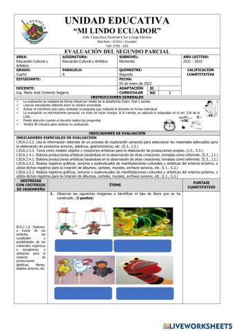 Evaluación de Educación Cultural y Artística del Segundo Parcial del Segundo Quimestre