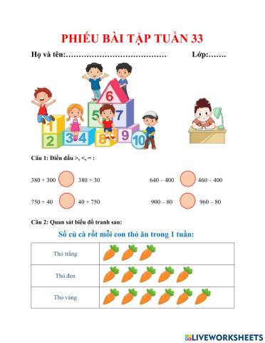 Phiếu bài tập cuối tuần toán lớp 2 - tuần 33