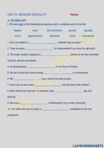 Unit 6: Gender Equality - Vocabulary Practice