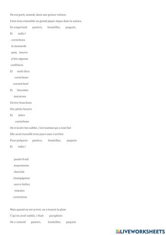 Les cornichons, texte à trous avec les articles