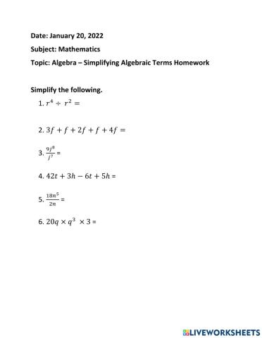 Simplifying Algebraic Expressions Homework