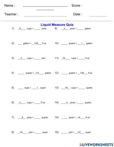 Liquid Measurement Quiz 1
