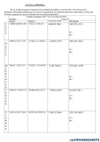 Cuentas semanales de sexto
