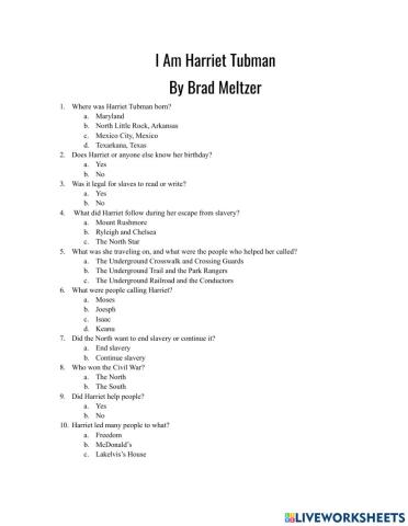 I Am Harriet Tubman Questionnaire