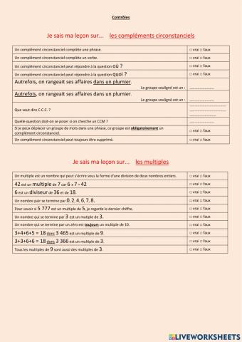 Evaluation leçon mutiples et compléments circonstanciels