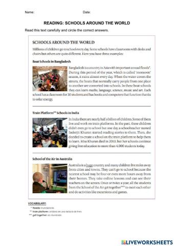 Reading task: Schools around the world