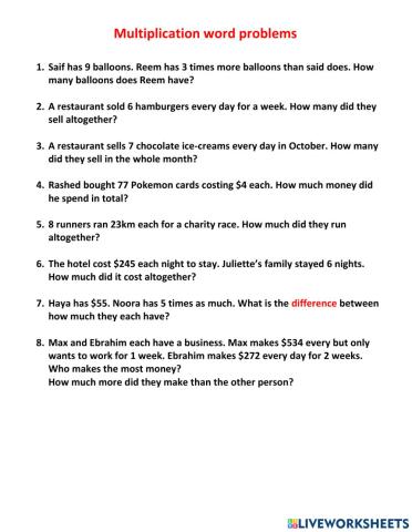 Multiplication word problems