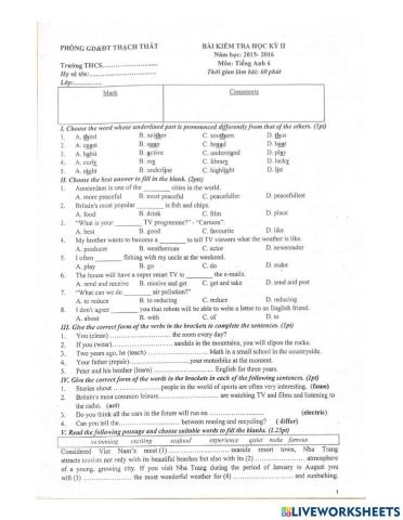 Kiểm tra học kì II - lớp 6