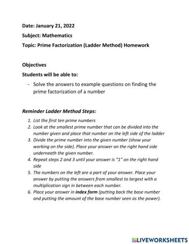 Prime Factorization (Ladder Method)