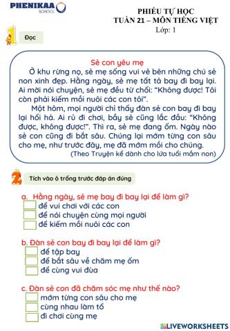 Phiếu cuối tuần 21. Môn Tiếng Việt