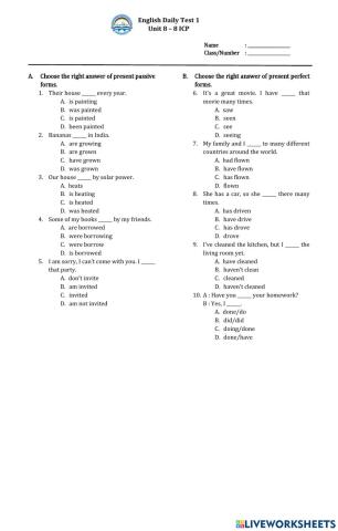 English Daily Test 1 - 8 ICP - Semester 2
