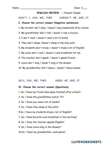 Grade 3: Present simple tense 2