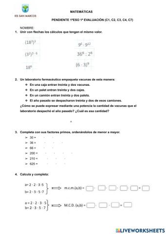 Examen pendiente 1ºESO 1ªEvaluación