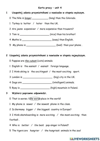 Stopniowanie przymiotników-karta pracy zamiast testu