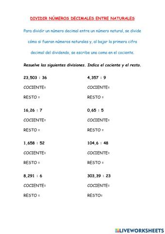 Dividir decimales entre naturales