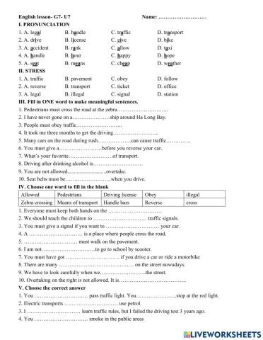 Grade 7: Traffic (use to)