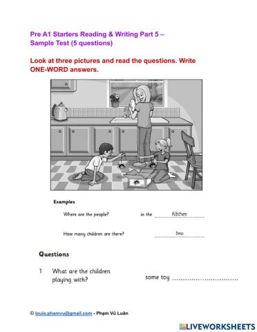 Pre A1 Starters Reading & Writing Part 5 –  Sample Test (5 questions)