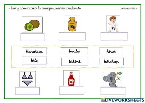 Lee y asocia cada palabra con su dibujo - palabras con k