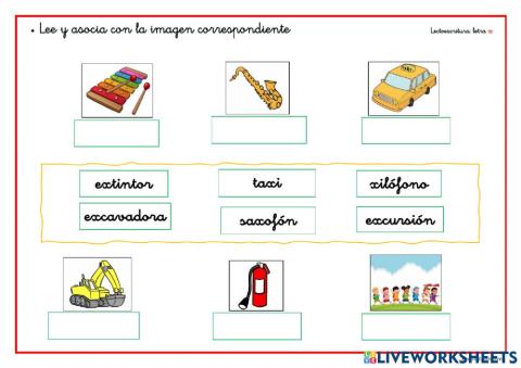 Lee y une con su dibujo correspondiente - palabras con x