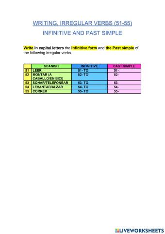 10-IRREGULAR VERBS. INFINITIVE AND PAST SIMPLE. 51-55. WRITING