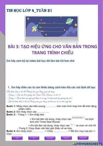 Tin học lớp 4-Tuần 21-Bài 3: Tạo hiệu ứng cho văn bản trong trang trình chiếu