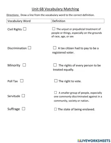 Unit 6B Voting Rights Vocabulary Matching