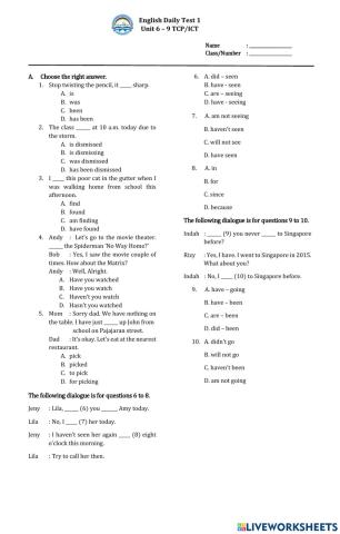 English Daily Test 1 - 9 TCP ICT - Semester 2