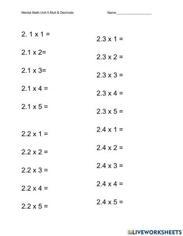 Unit 5 Mental Math Multiplication with Decimals
