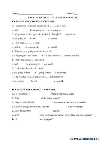 Grade 5 - Review  Will and Be going to