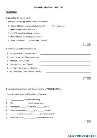 Second term test Starters
