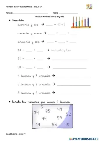 Ficha Matemáticas 21-1EP-Números entre 40 y 59