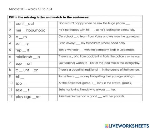Mindset B1 words 7.1 to 7.34
