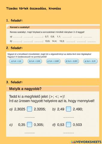 Tizedes törtek összeadása, kivonása