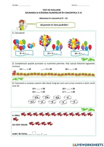 EVALUARE.Adunarea și scăderea numerelor în concentrul 0-31