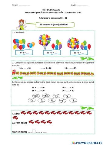 EVALUARE.Adunarea și scăderea numerelor în concentrul 0-31