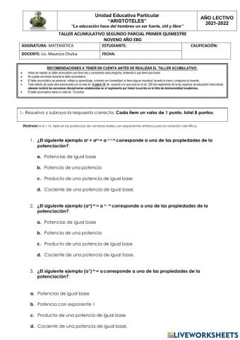 Taller acumulativo matematica noveno