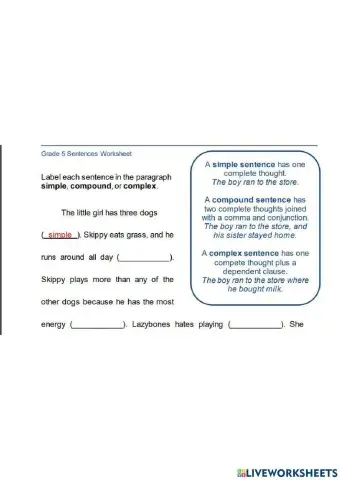 Simple, Compound and Complex Sentences Worsheet